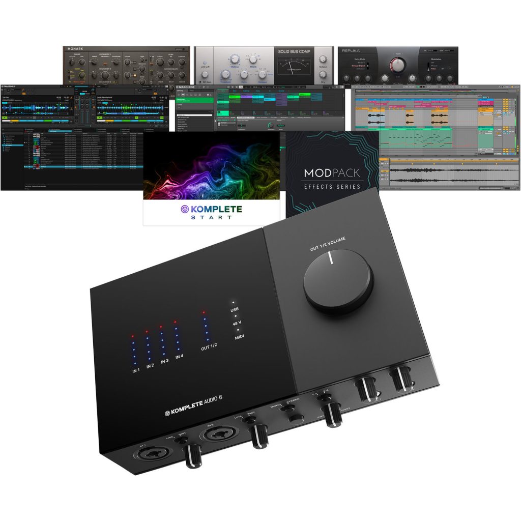 Komplete Audio 6 MK2 đi kèm bộ phần mềm chất lượng gồm Ableton Live Lite, Maschine Essentials, Monark, Replika và Komplete Start – hỗ trợ sản xuất nhạc ngay khi mở hộp.