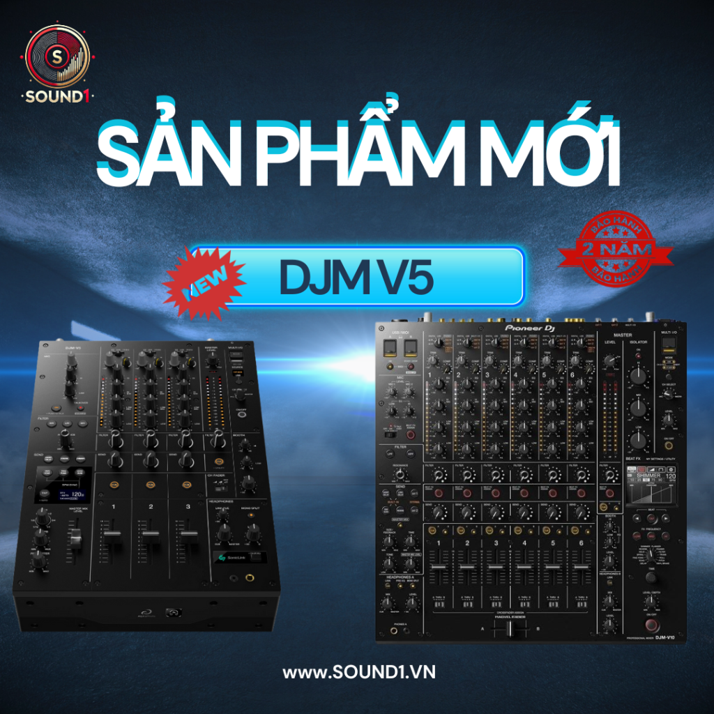 DJM-V5 là mixer 3 kênh nhỏ gọn, phù hợp DJ biểu diễn linh hoạt và setup booth cá nhân.DJM-V10 là mixer 6 kênh cao cấp với nhiều kết nối và tính năng mở rộng cho club và sân khấu chuyên nghiệp.